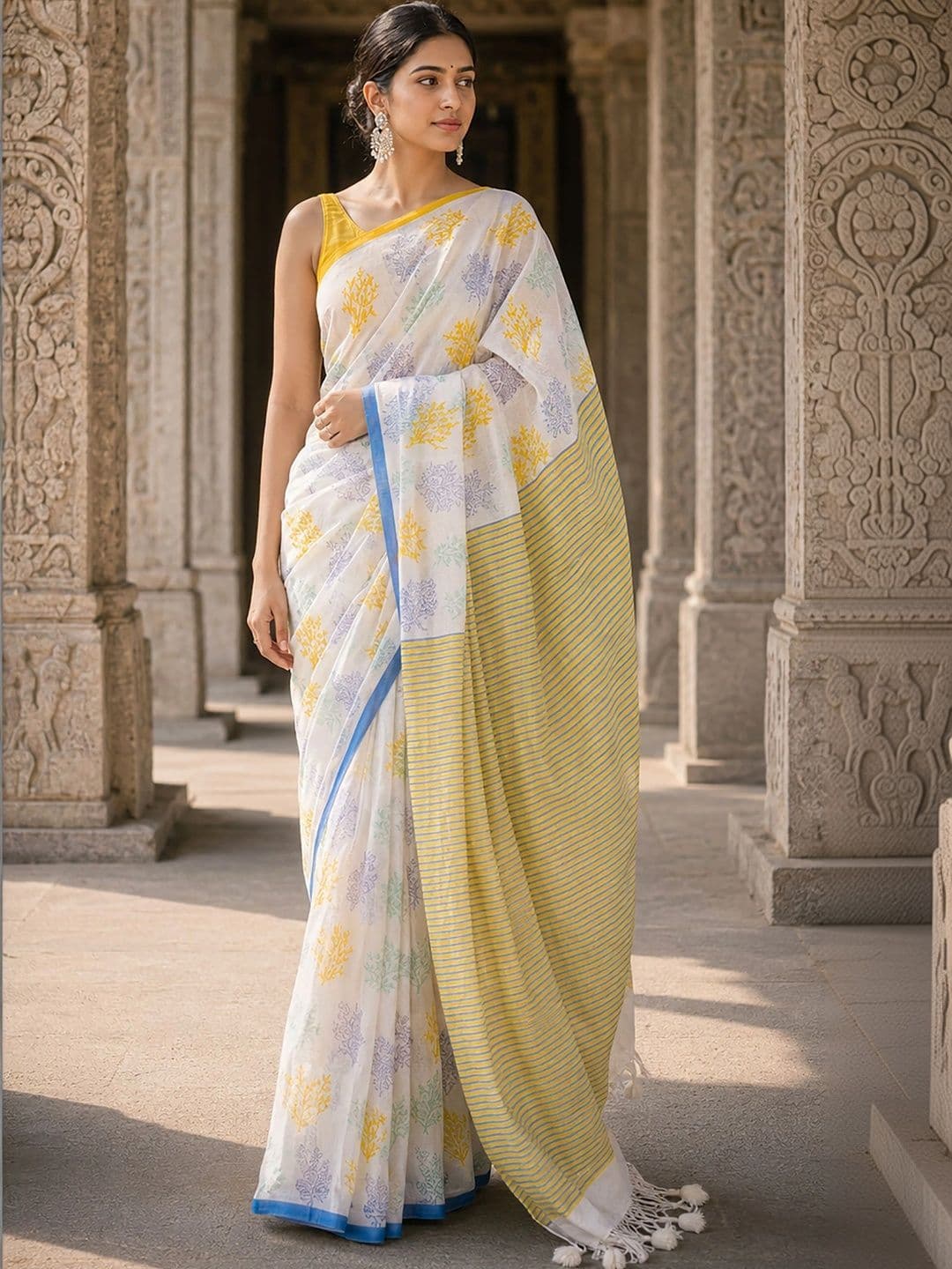 KALINI Floral Linen Blend Designer Block Print Saree thumbnail 5