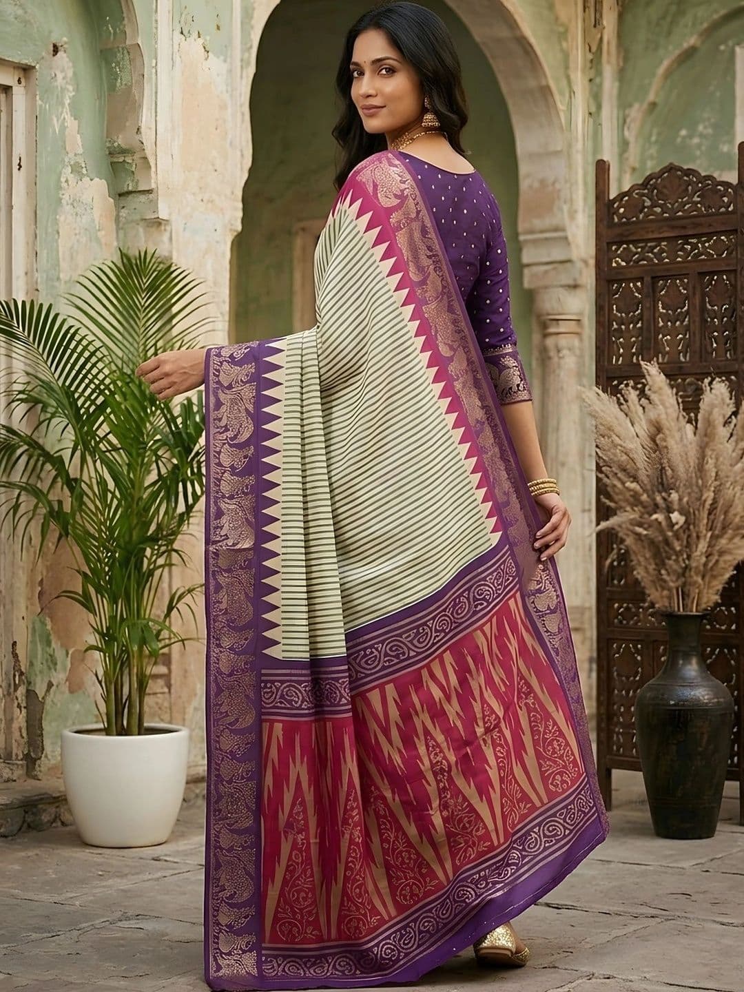 Mitera Striped Zari Silk Blend Designer Saree thumbnail 3