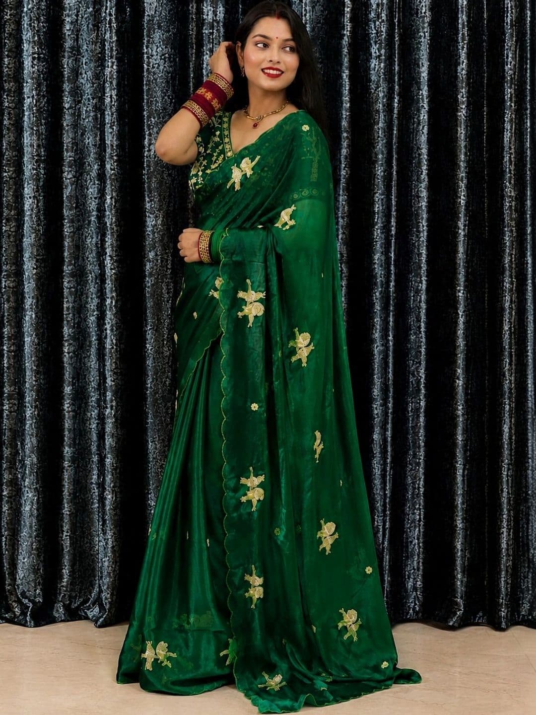 HK TEX Embroidered Satin Saree thumbnail 6