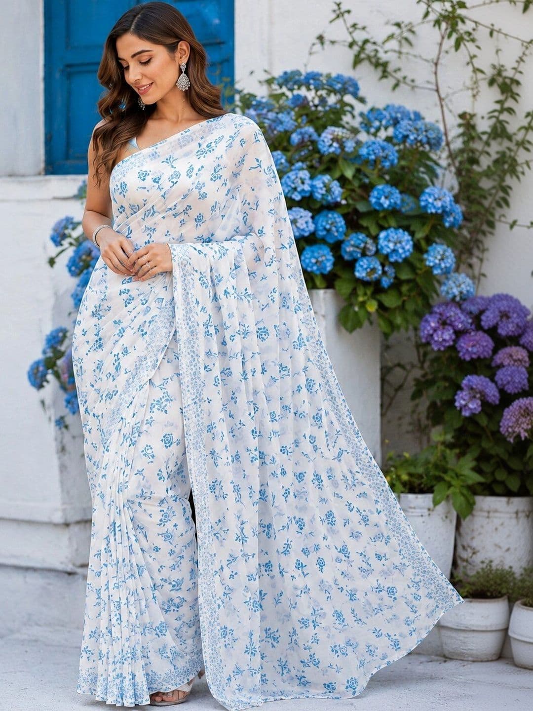 NARIVESH TRENDS Floral Poly Georgette Saree - view 1