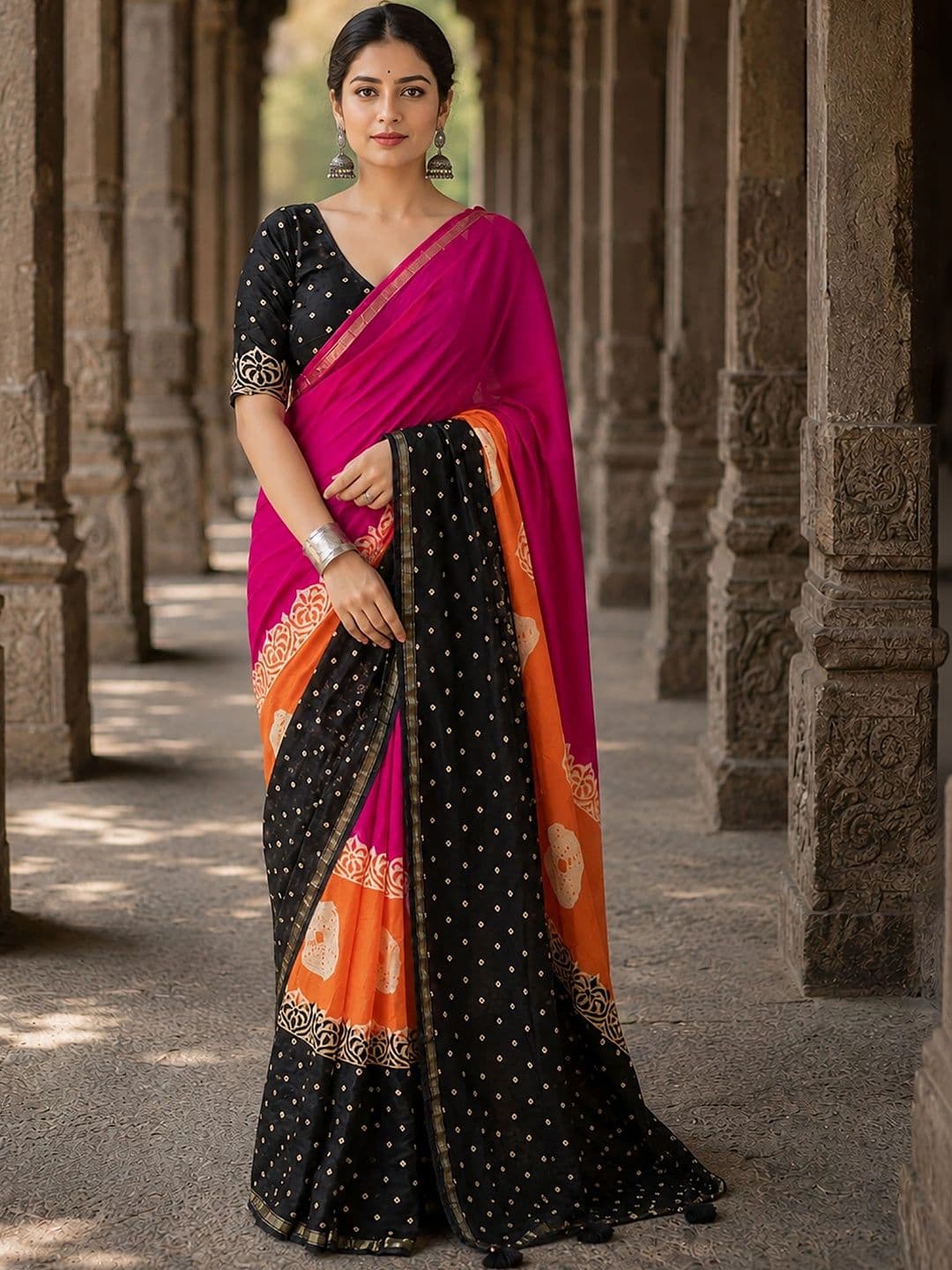 KALINI Linen Blend Designer Block Print Saree - view 1