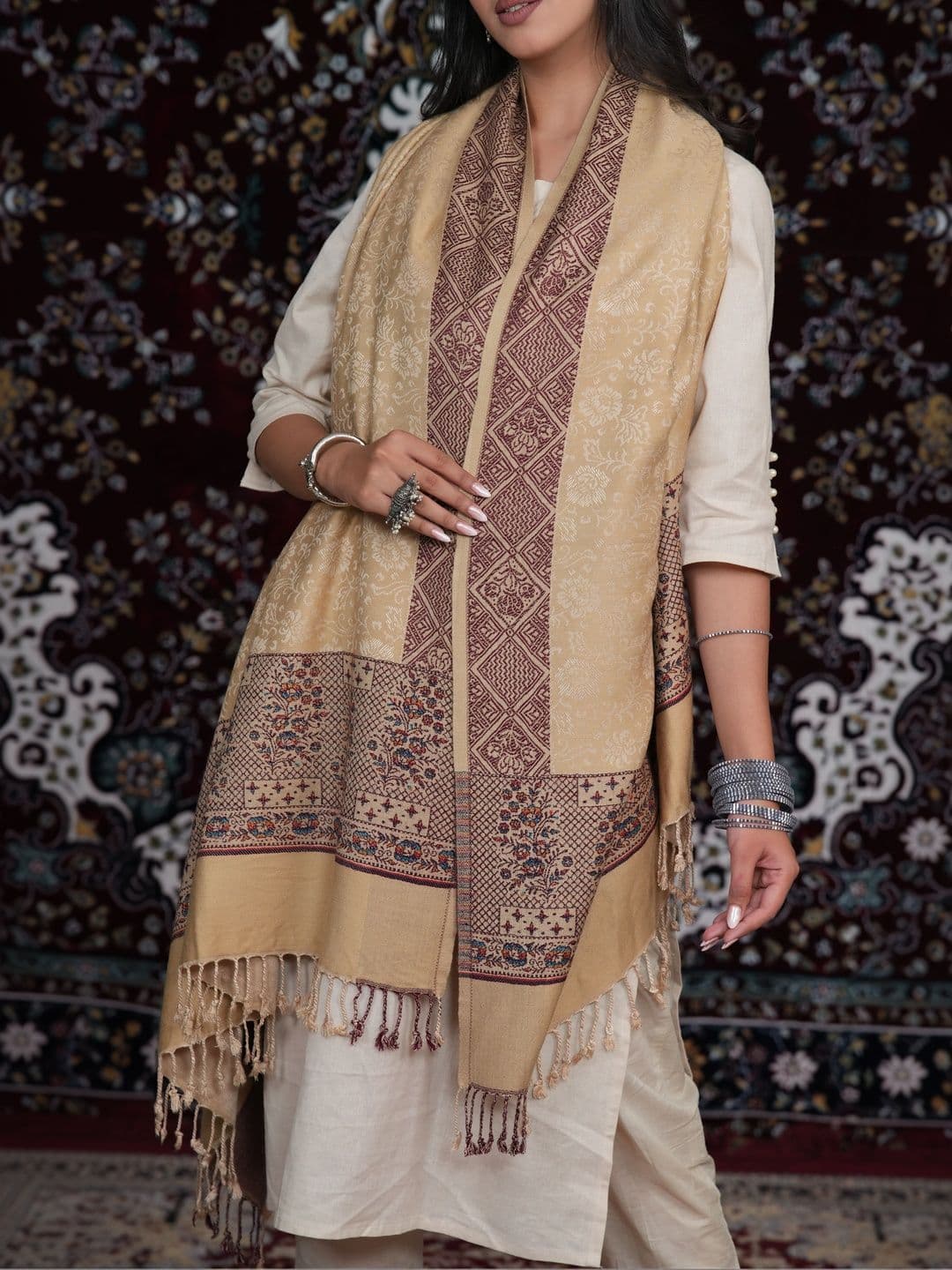 SHIFNEEN Women Floral Woven Design Acrylic Shawl thumbnail 4
