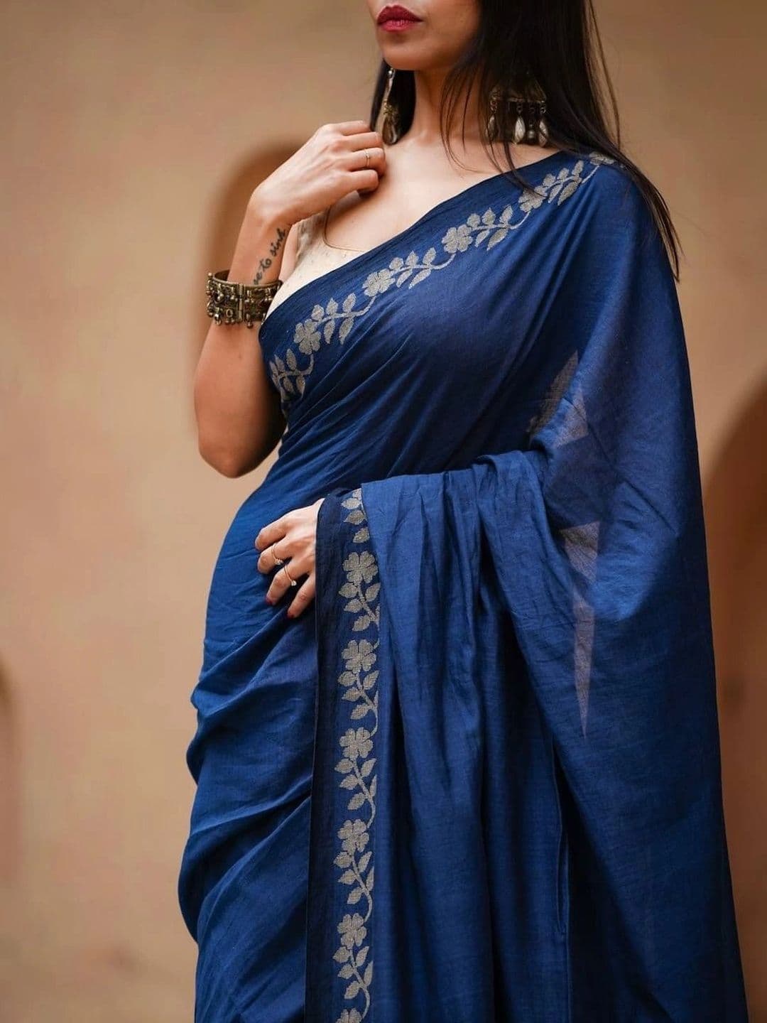 saneria silk Floral Linen Blend Bagru Saree thumbnail 6
