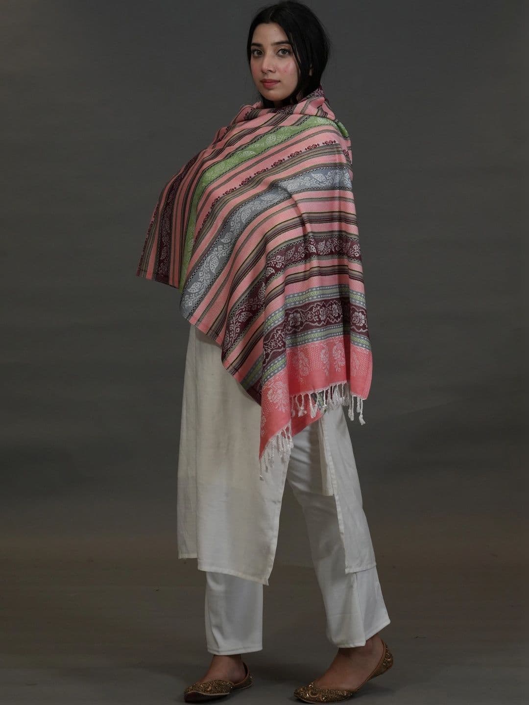 S.T. Women Striped Printed Acrylic Shawl thumbnail 3