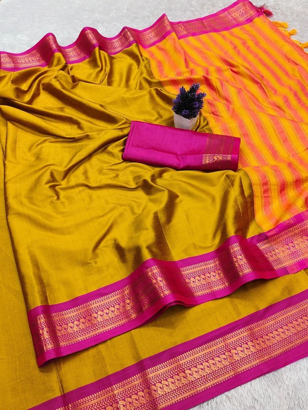 ALPENIKA Striped Zari Art Silk Mysore Silk Saree thumbnail 3