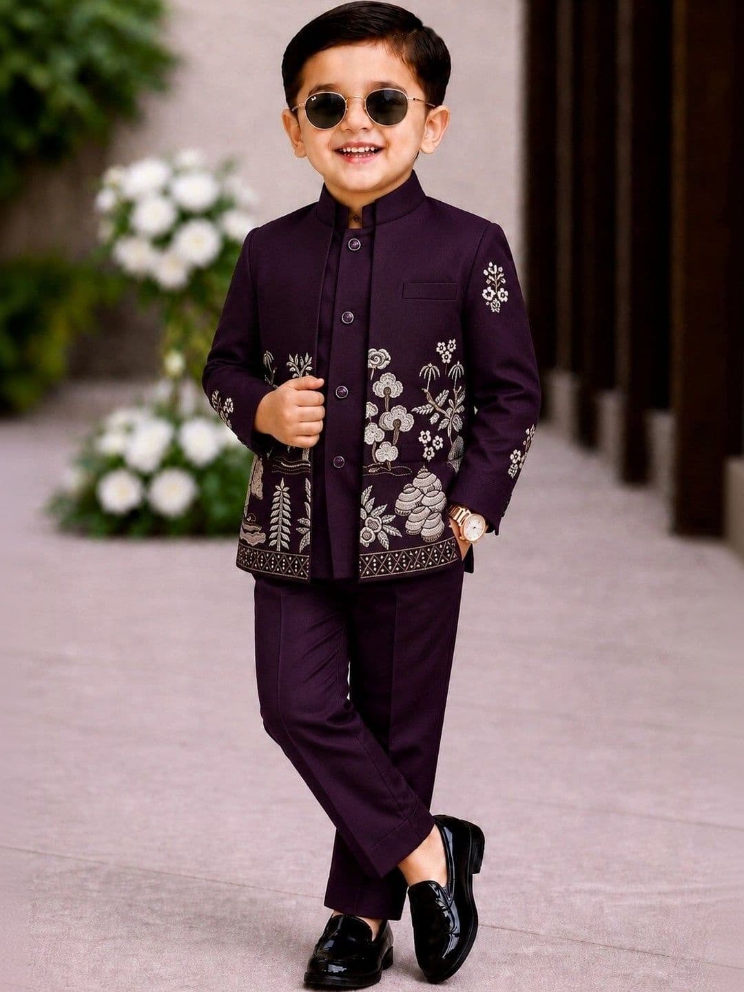 Elite Trend Traders Boys Embroidered Satin Mandarin Collar Neck Sherwani Set - view 1