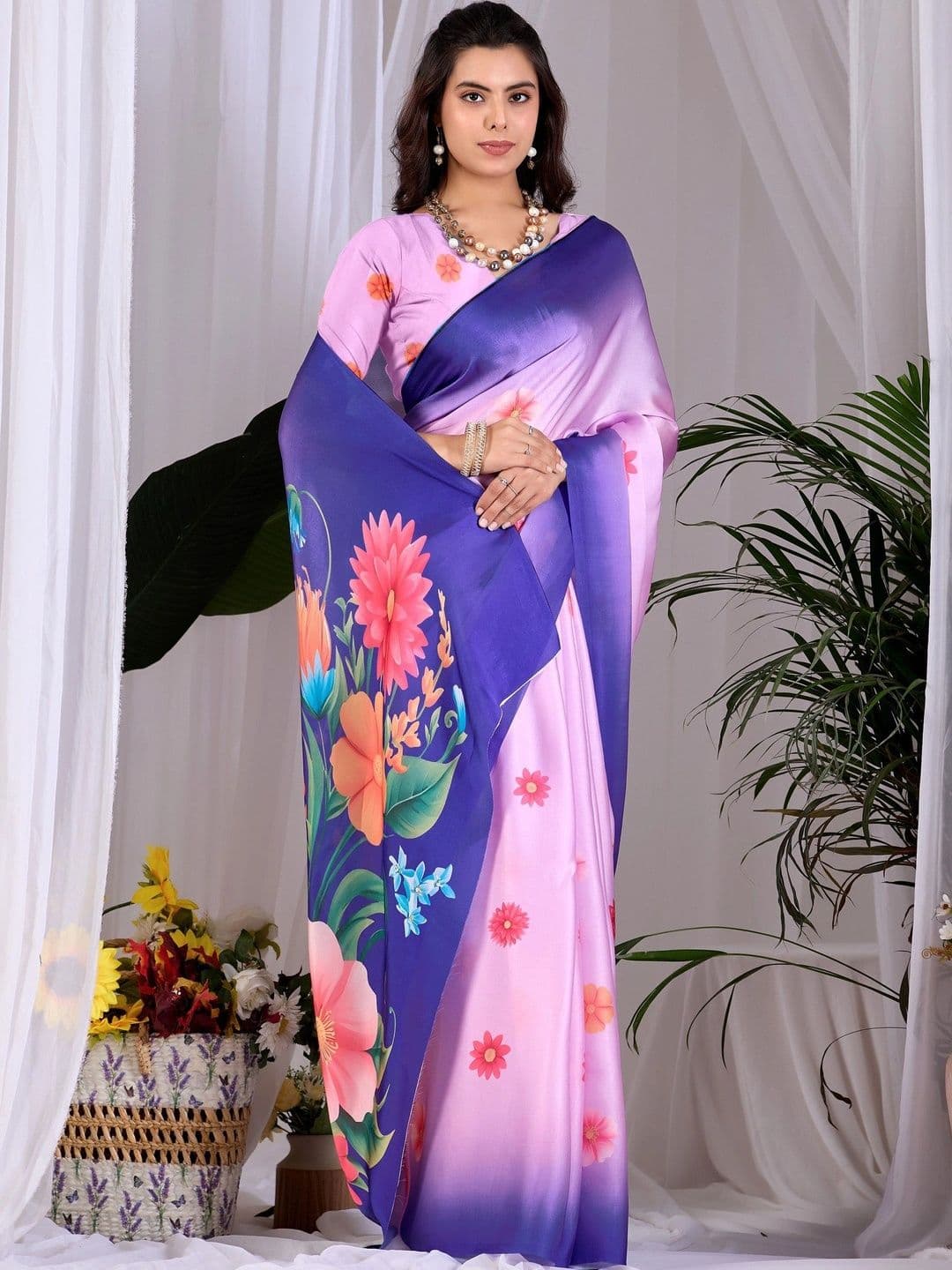 DIVASTRI Floral Satin Designer Saree - view 1