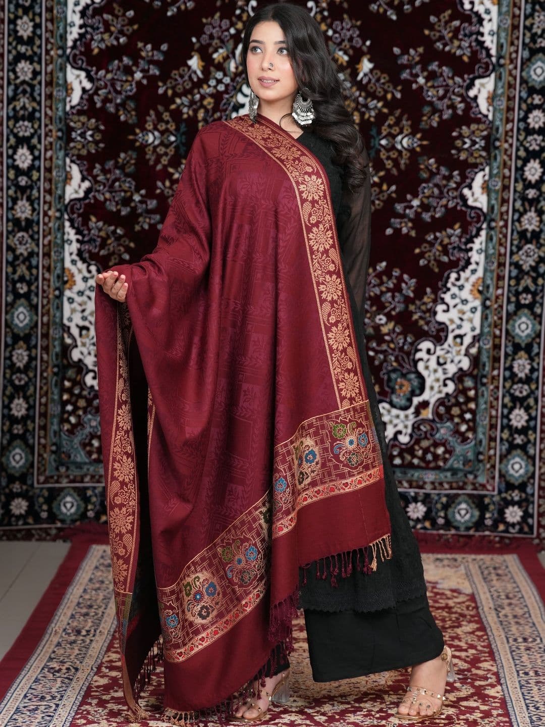 SHIFNEEN Women Ethnic Motifs Woven Design Acrylic Shawl thumbnail 3