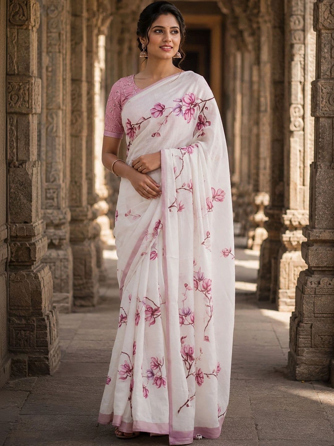 KALINI Floral Linen Blend Designer Block Print Saree - view 1