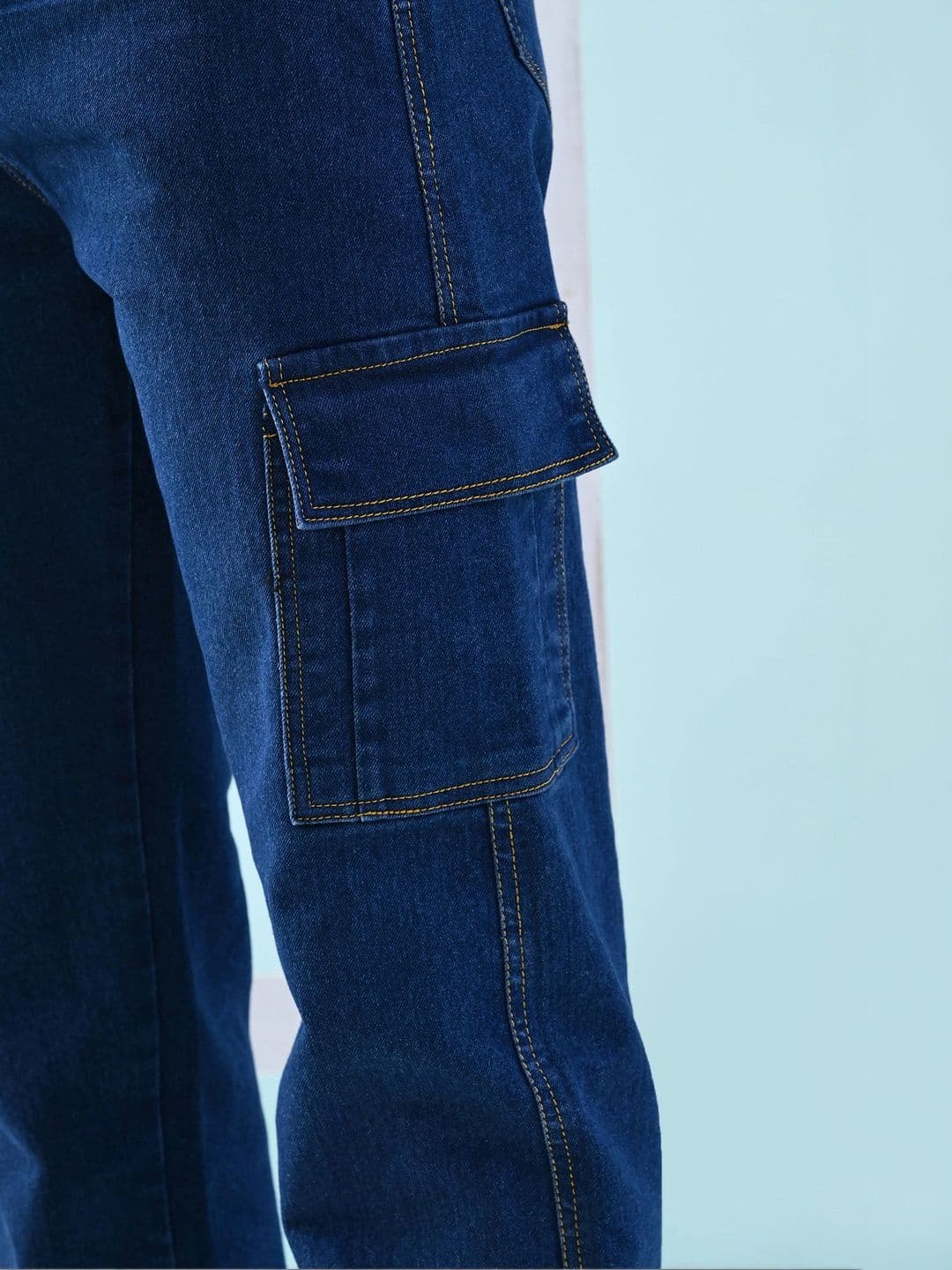 HERE&NOW Men's Dark Wash Mid-Rise Cargo Straight Fit Jeans with Flap Pockets thumbnail 3