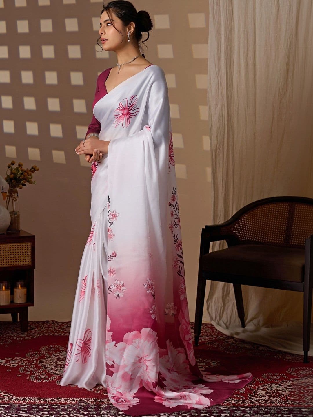 Mitera Floral Satin Fusion Saree thumbnail 6