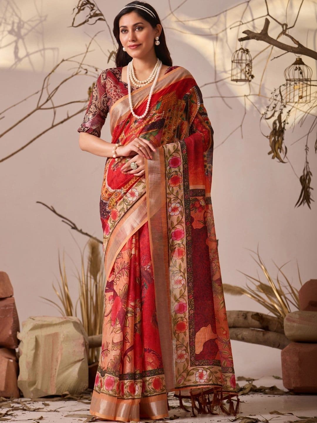 DIVASTRI Ethnic Motifs Zari Linen Blend Designer Patola Saree - view 1