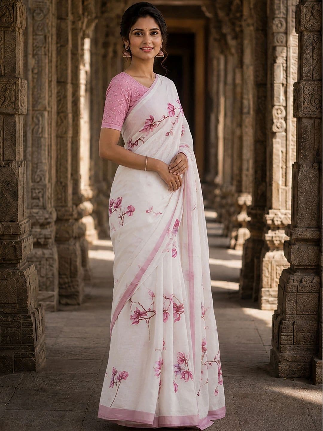 KALINI Floral Linen Blend Designer Block Print Saree thumbnail 5