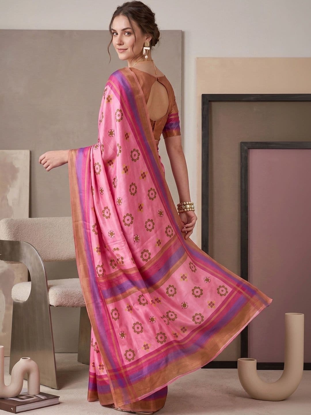 elora Floral Linen Blend Fusion Saree thumbnail 3
