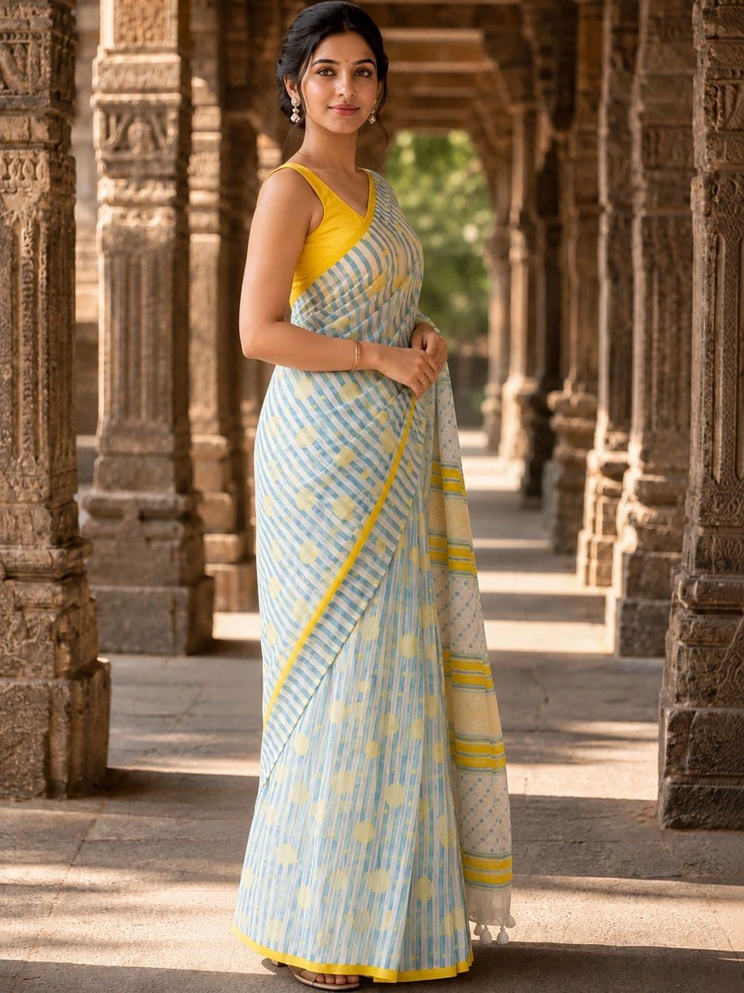 KALINI Striped Linen Blend Designer Block Print Saree thumbnail 6