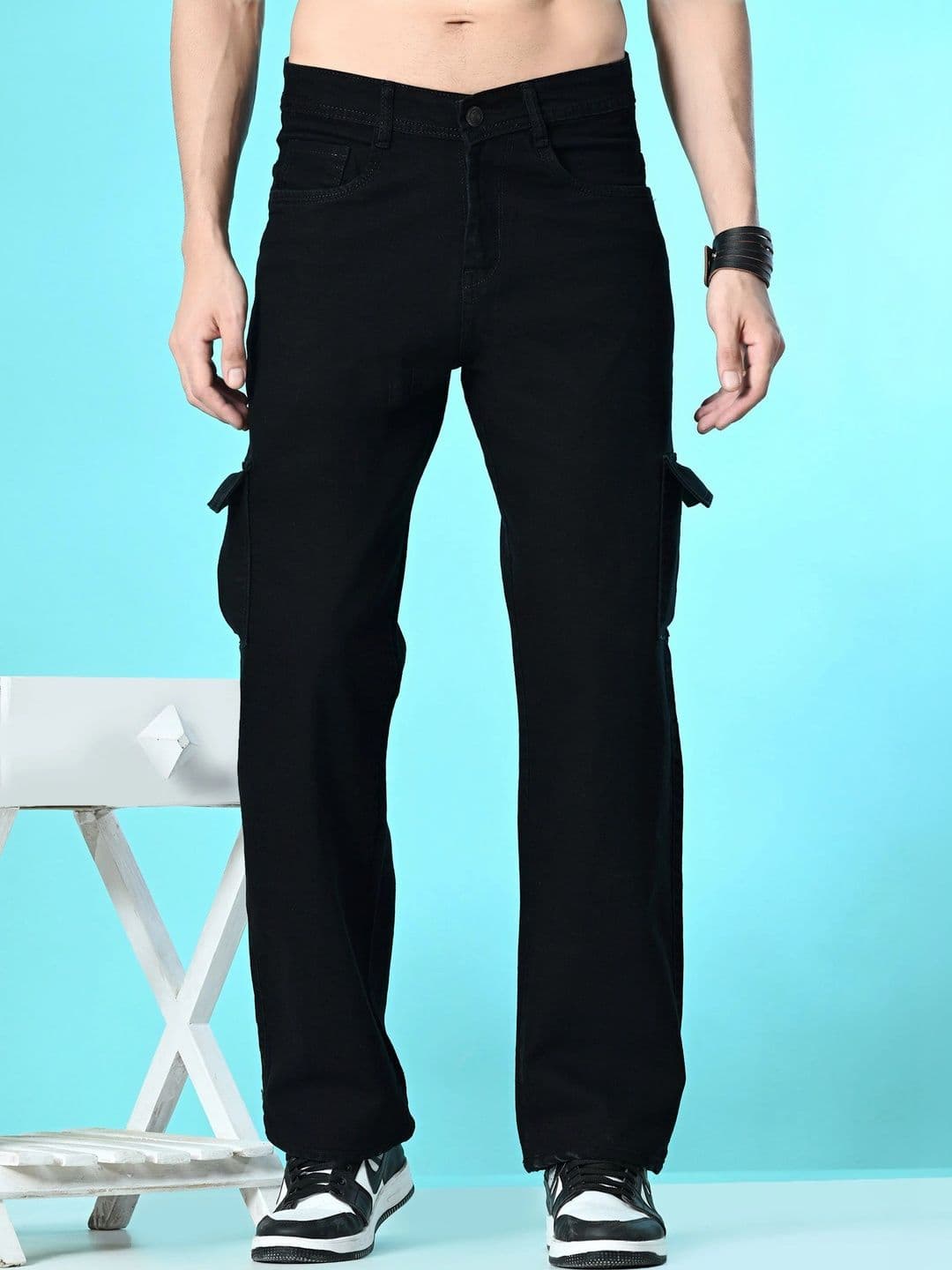 HERE&NOW Men's Jet Black Cargo Wide-Leg Fit Jeans - view 1
