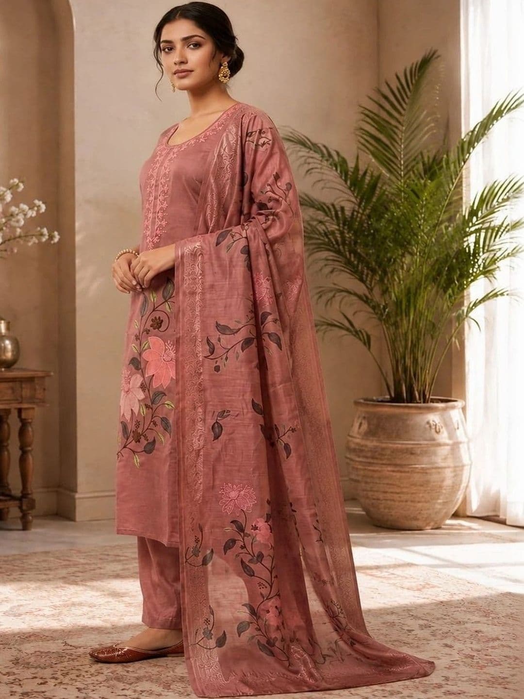 Harvi Women Floral Embroidered Regular Thread Work Kurta with Trousers & With Dupatta thumbnail 3