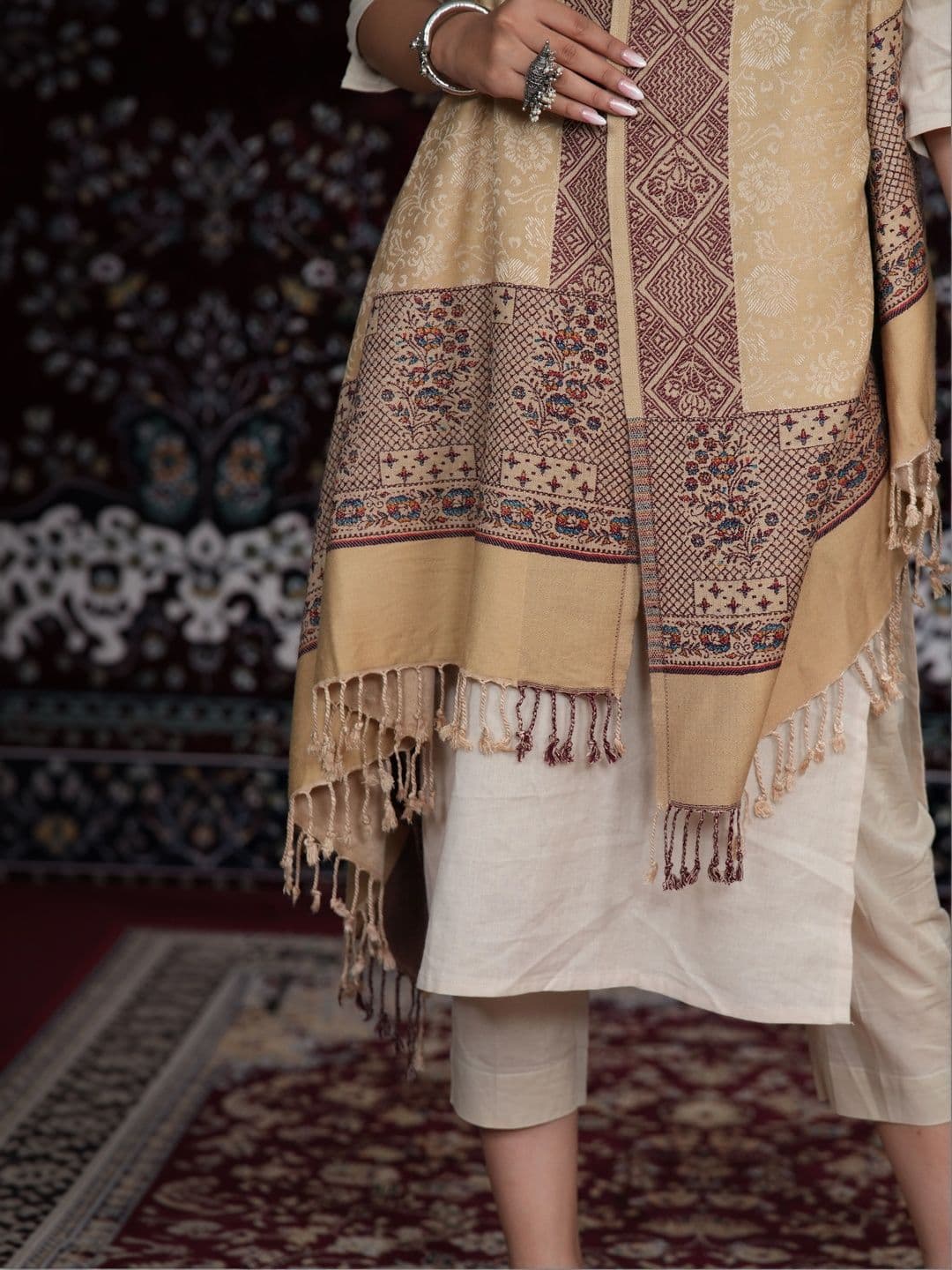 SHIFNEEN Women Floral Woven Design Acrylic Shawl thumbnail 2