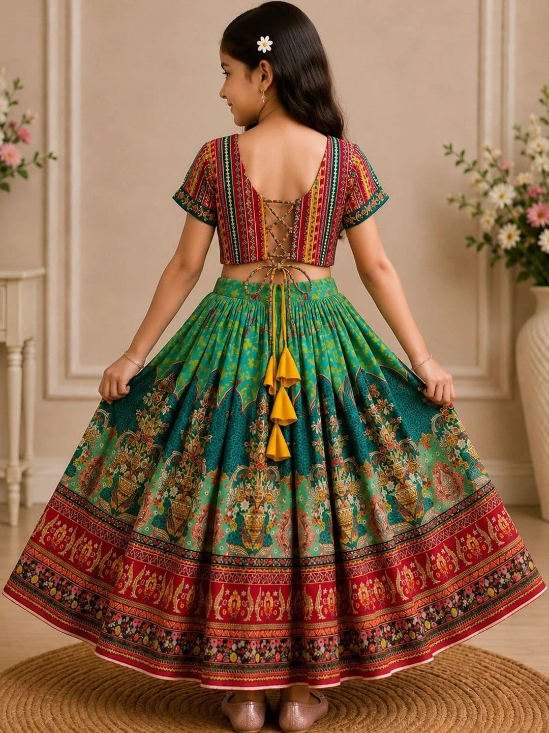 KALINI Girls Printed Kalamkari Ready to Wear Lehenga & thumbnail 6