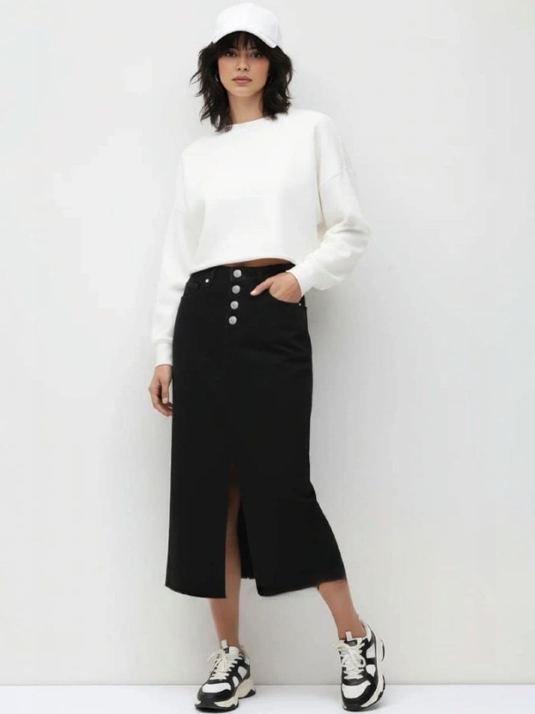 Pink Clap Fashion Women Denim Front Slit Midi Straight Skirt - view 1