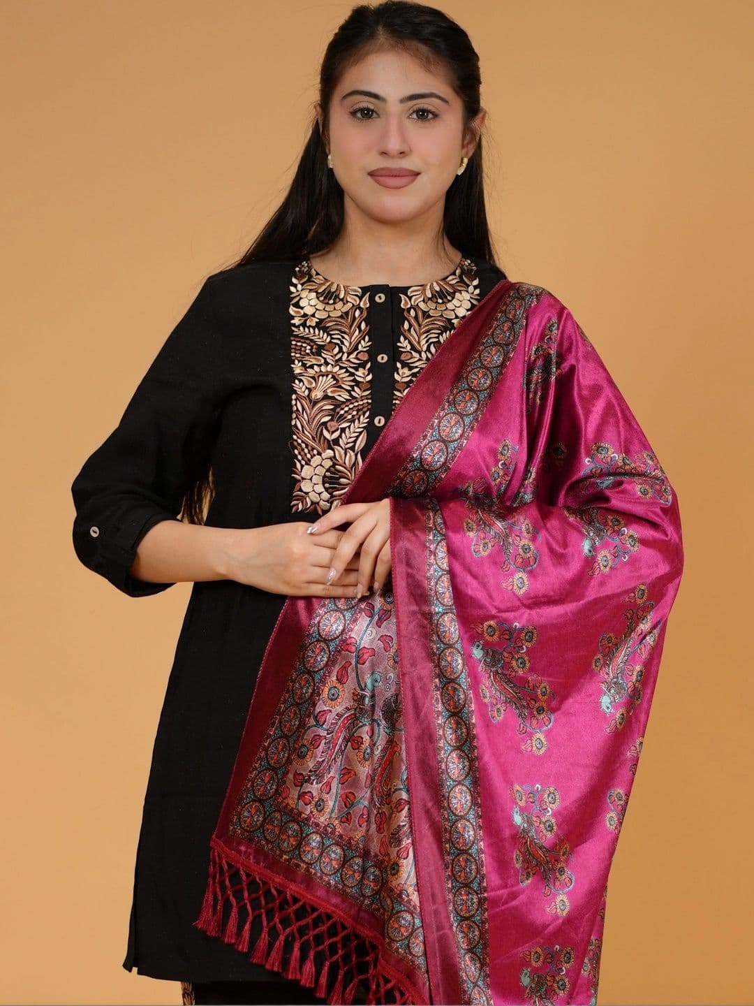S.T. Women Ethnic Motifs Printed Velvet Shawl thumbnail 3