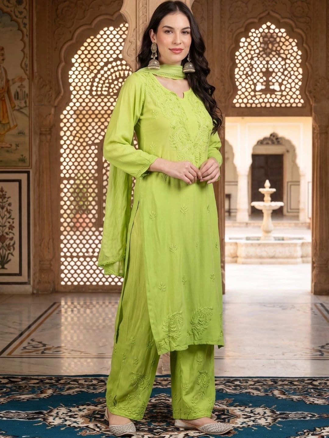 Meiraas Studios Women Ethnic Motifs Embroidered Regular Chikankari Kurta with Palazzos & With Dupatta thumbnail 4