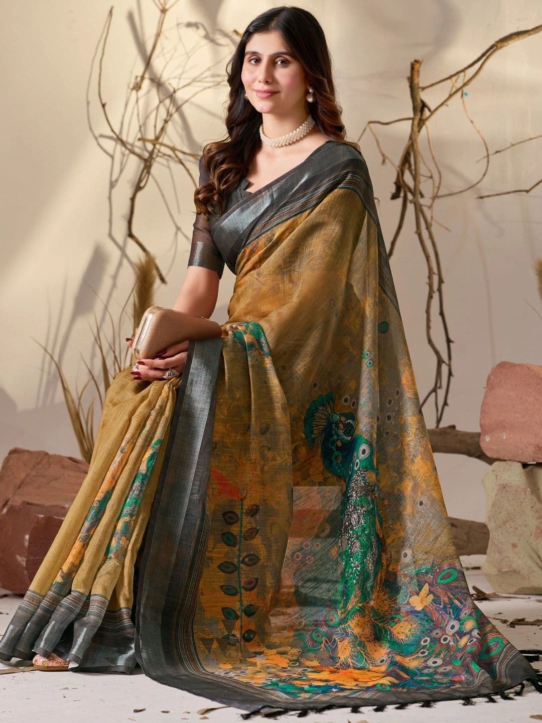 DIVASTRI Floral Zari Linen Blend Designer Saree thumbnail 4