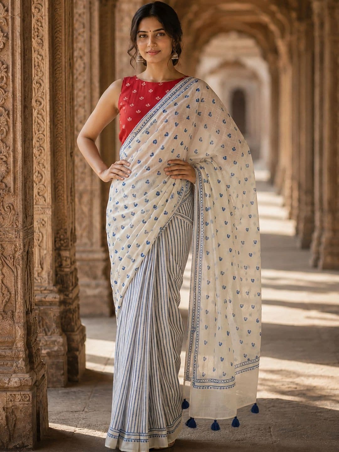 KALINI Linen Blend Designer Block Print Saree thumbnail 4