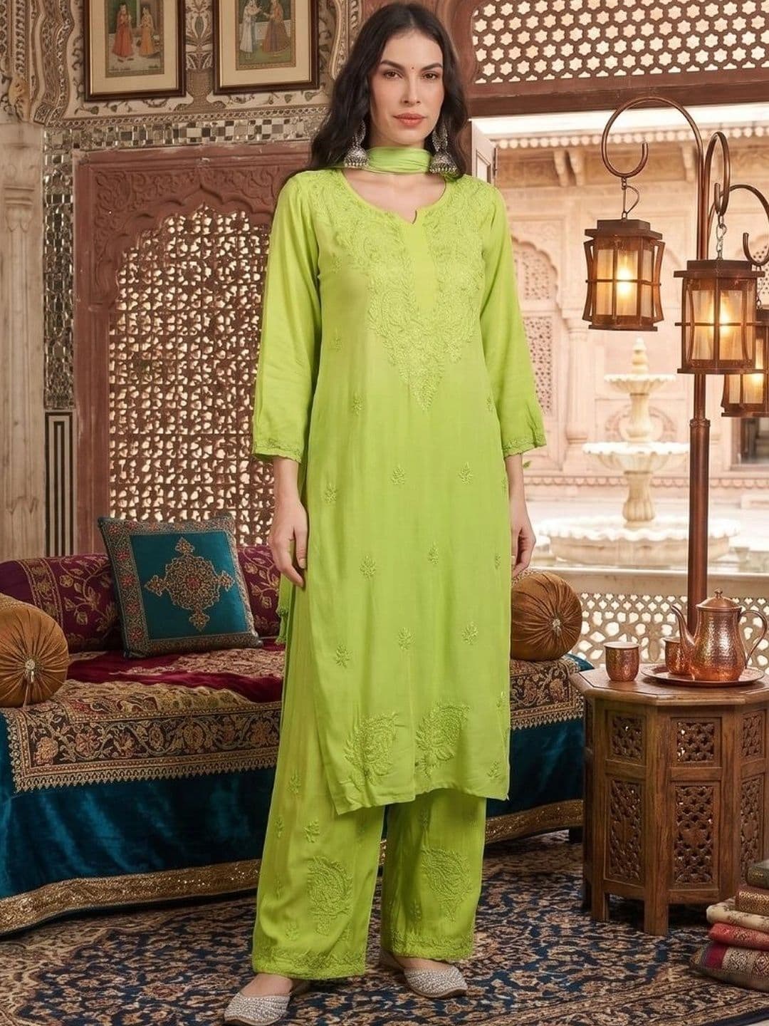 Meiraas Studios Women Ethnic Motifs Embroidered Regular Chikankari Kurta with Palazzos & With Dupatta thumbnail 3
