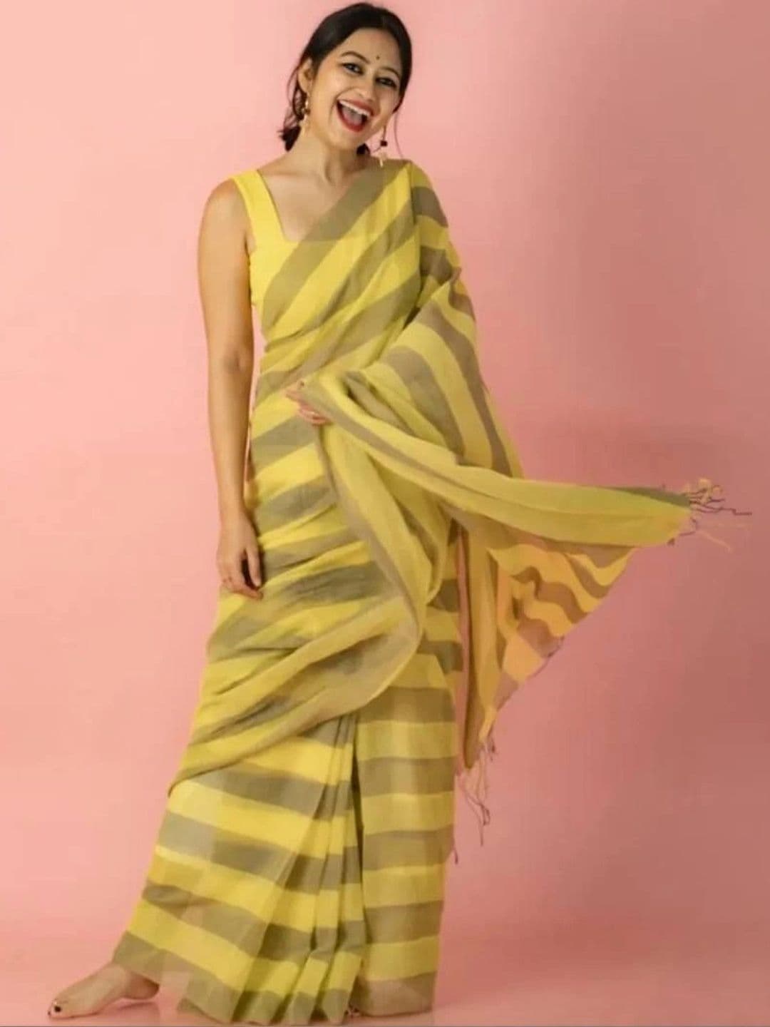 saneria silk Striped Linen Blend Taant Saree thumbnail 2