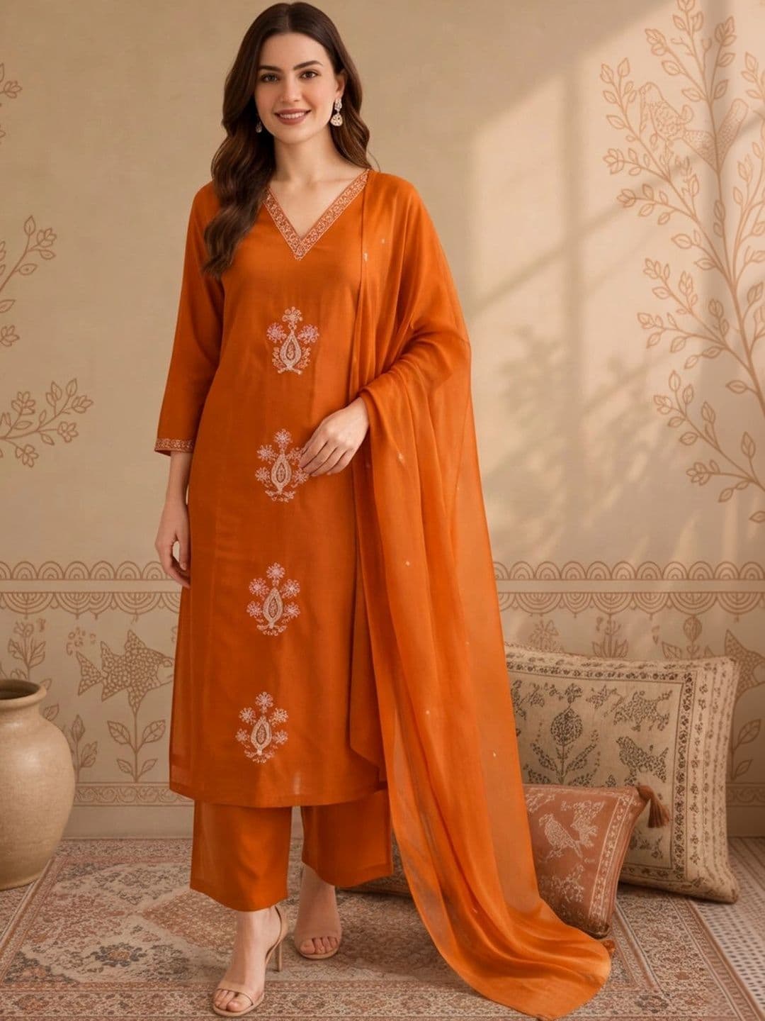 Anouk Women Ethnic Motifs Embroidered Regular Thread Work Pure Cotton Kurta with Palazzos & With Dupatta - view 1