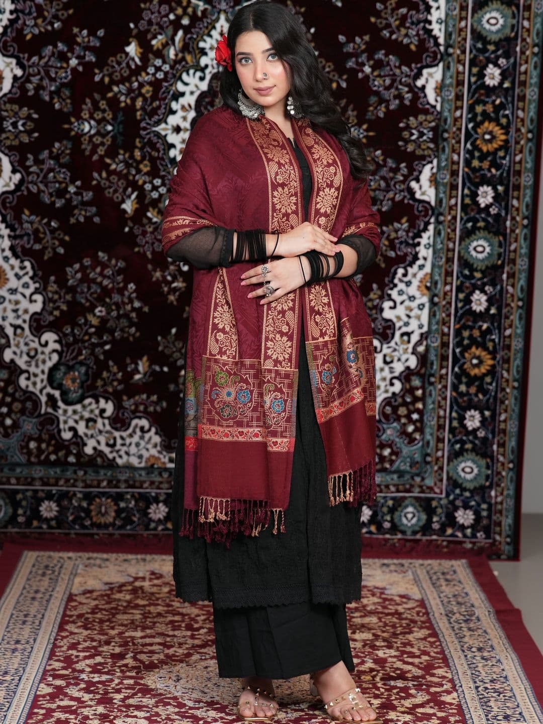 SHIFNEEN Women Ethnic Motifs Woven Design Acrylic Shawl thumbnail 2