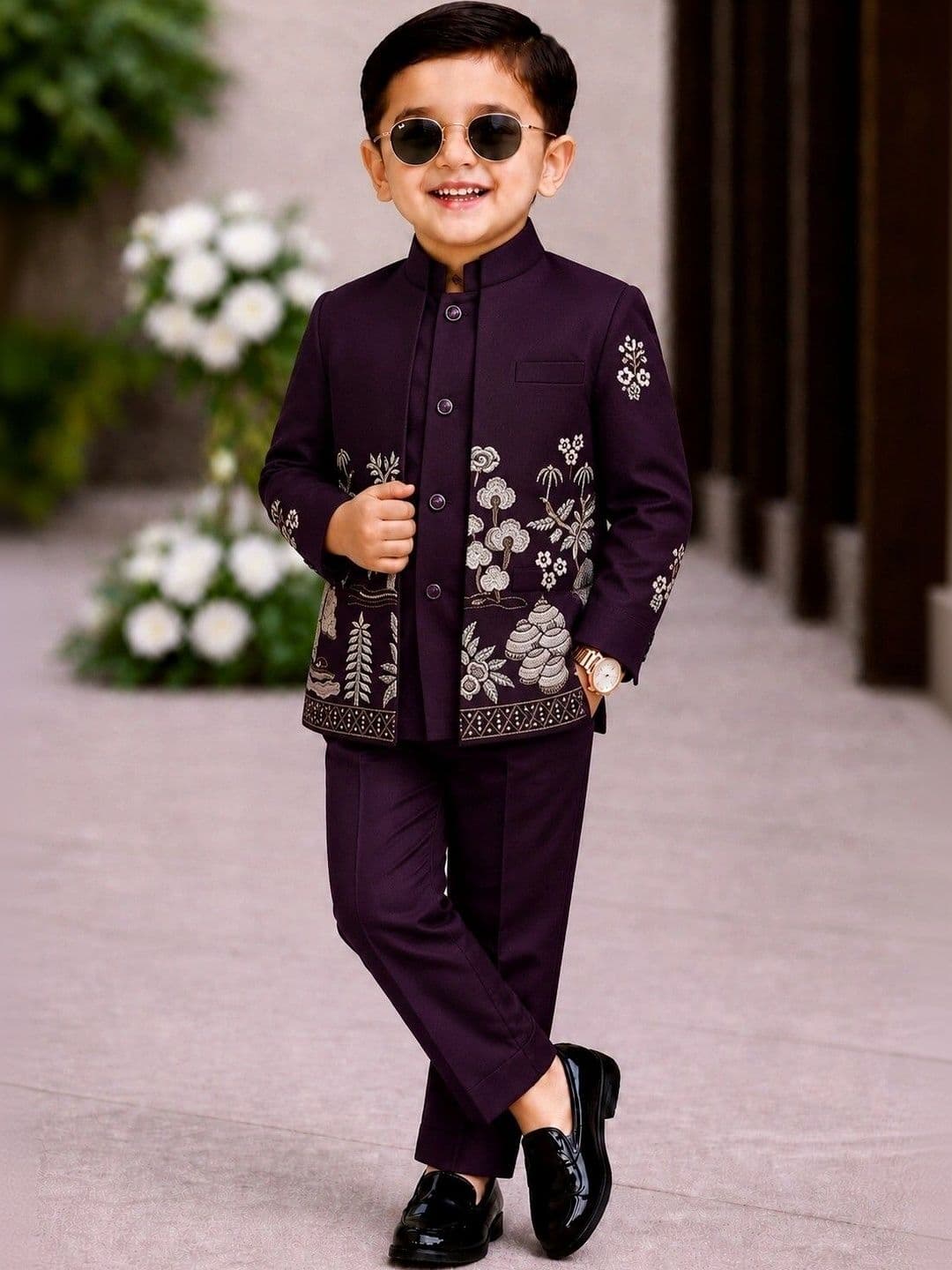 Elite Trend Traders Boys Embroidered Satin Mandarin Collar Neck Sherwani Set - view 1
