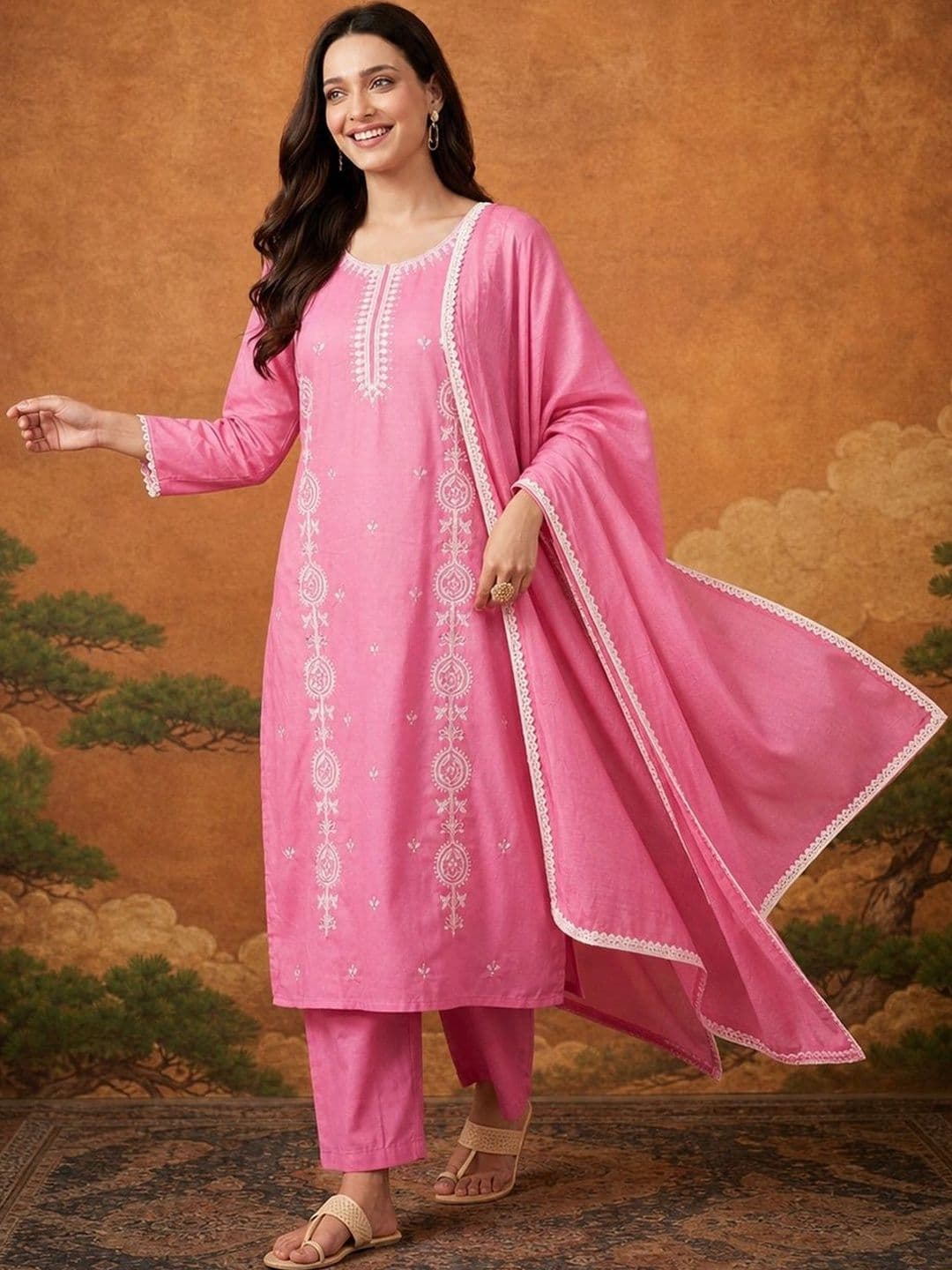Sangria Women Ethnic Motifs Embroidered Regular Thread Work Pure Cotton Kurta with Trousers & With Dupatta thumbnail 6