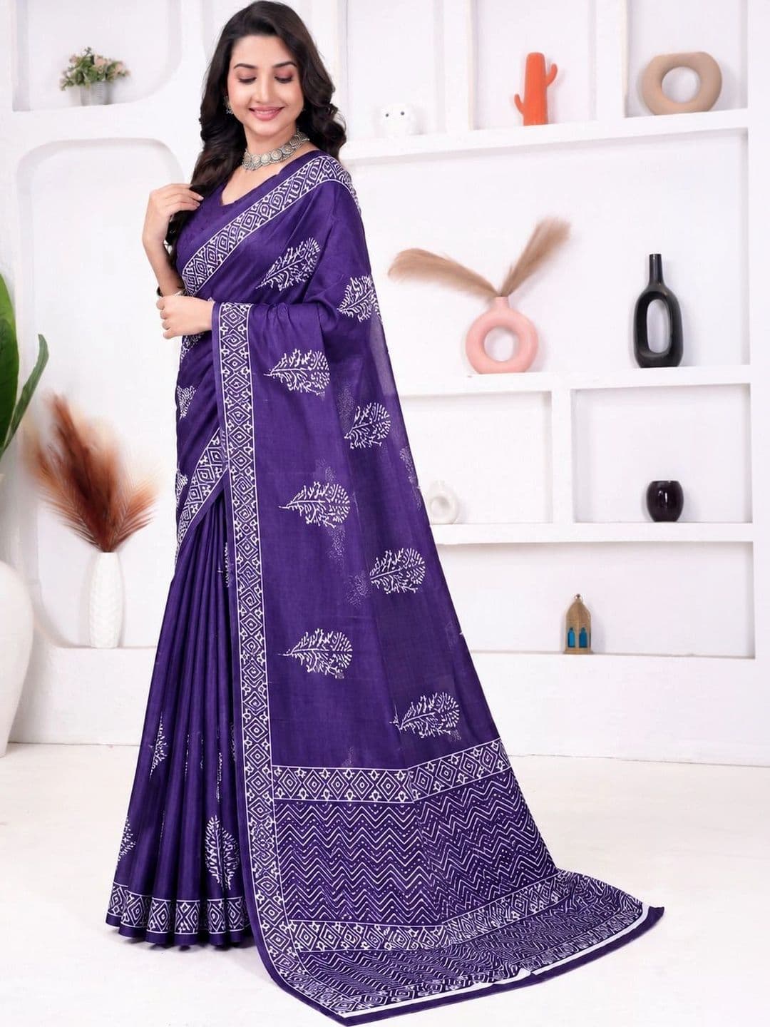 Mitita Fashion Women Purple Floral & Geometric Block Print Cotton Saree With Unstitched - view 1