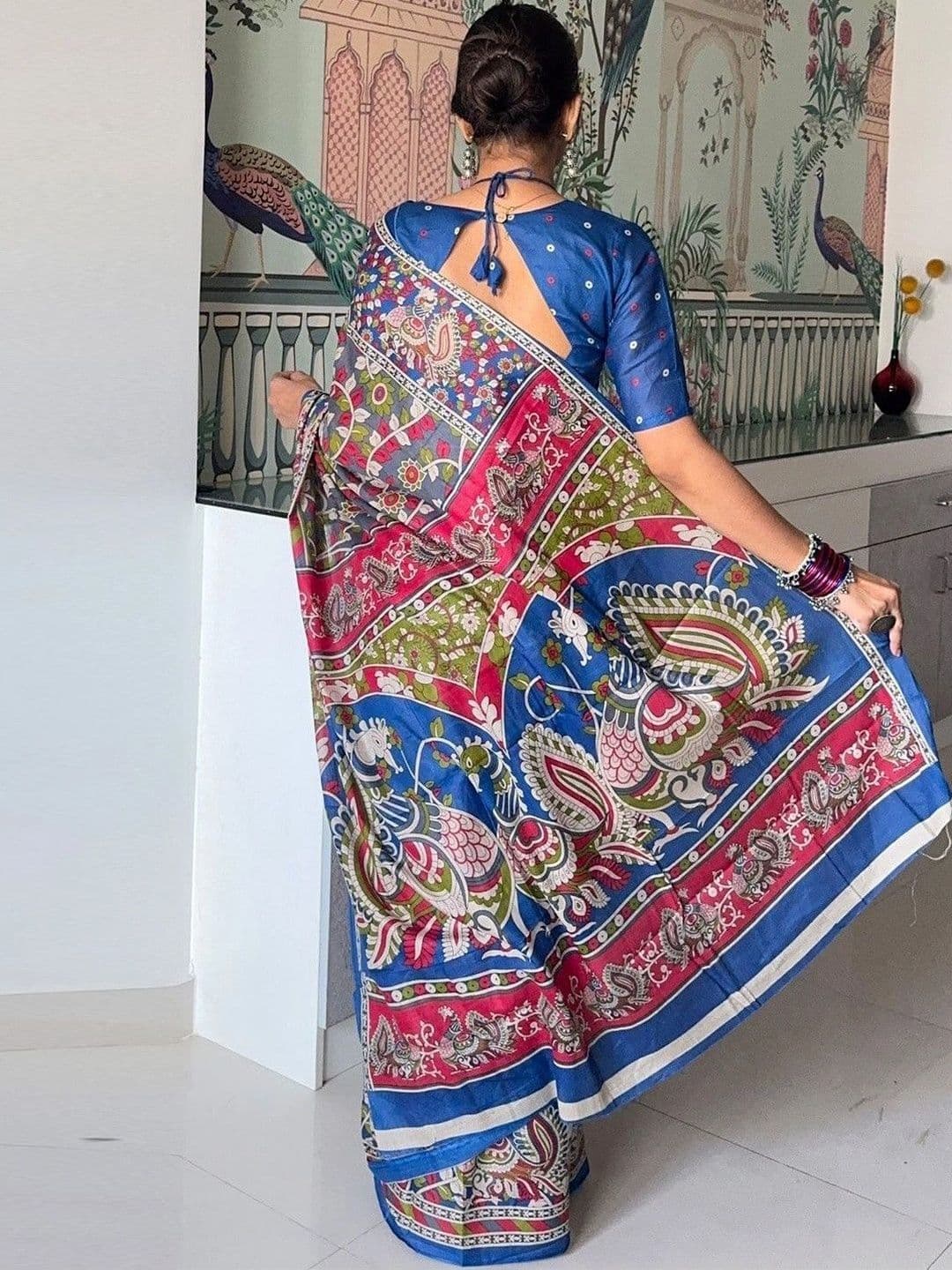 MITITA FASHION Women's Cotton Blend Ethnic Peacock & Floral Print Saree with Woven Border thumbnail 2
