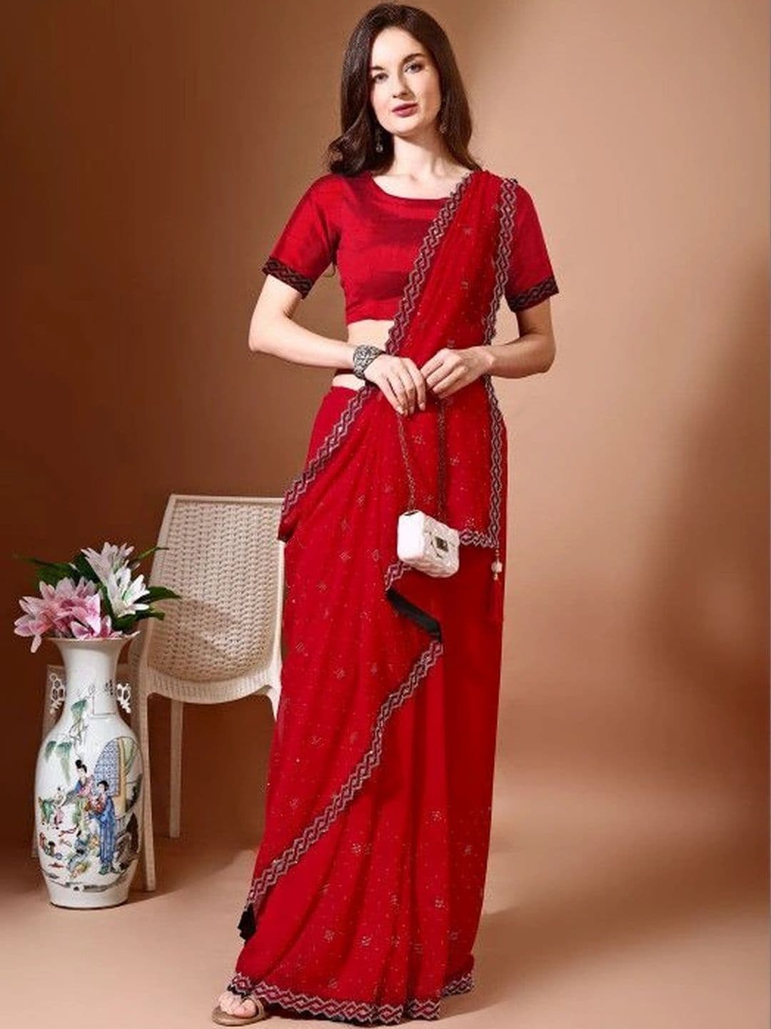 Leelavati Women Embellished Beads and Stones Pure Chiffon Saree - view 1