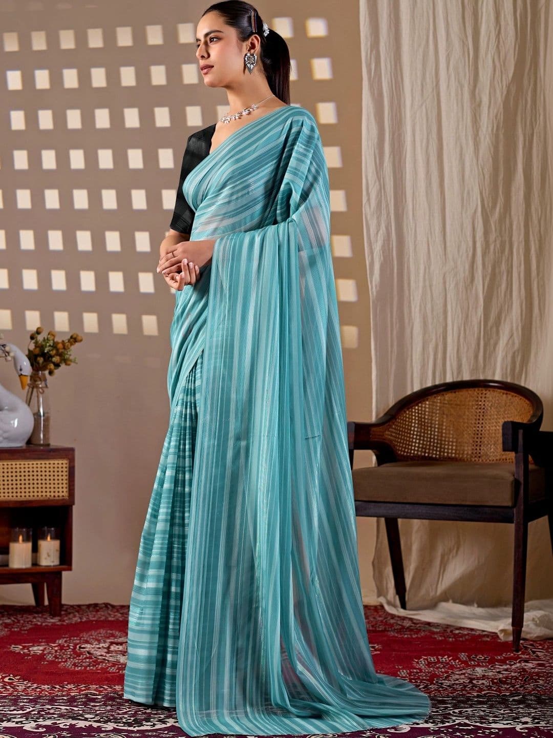 DIVASTRI Striped Poly Georgette Designer Saree thumbnail 6