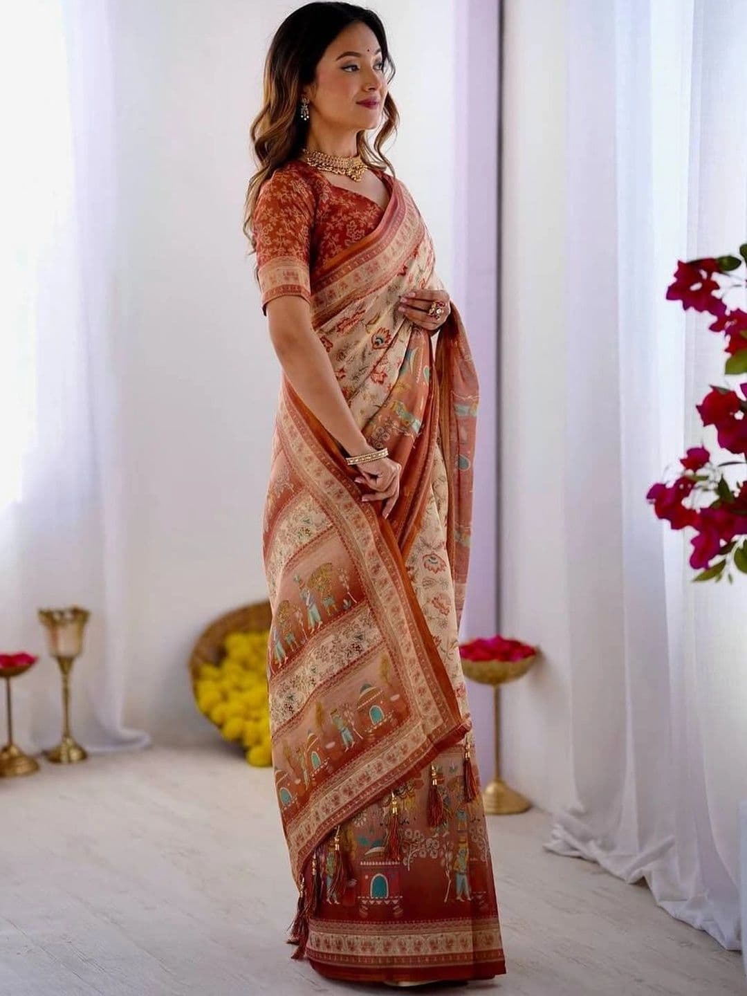 saneria silk Kalamkari Linen Blend Bagru Saree thumbnail 6