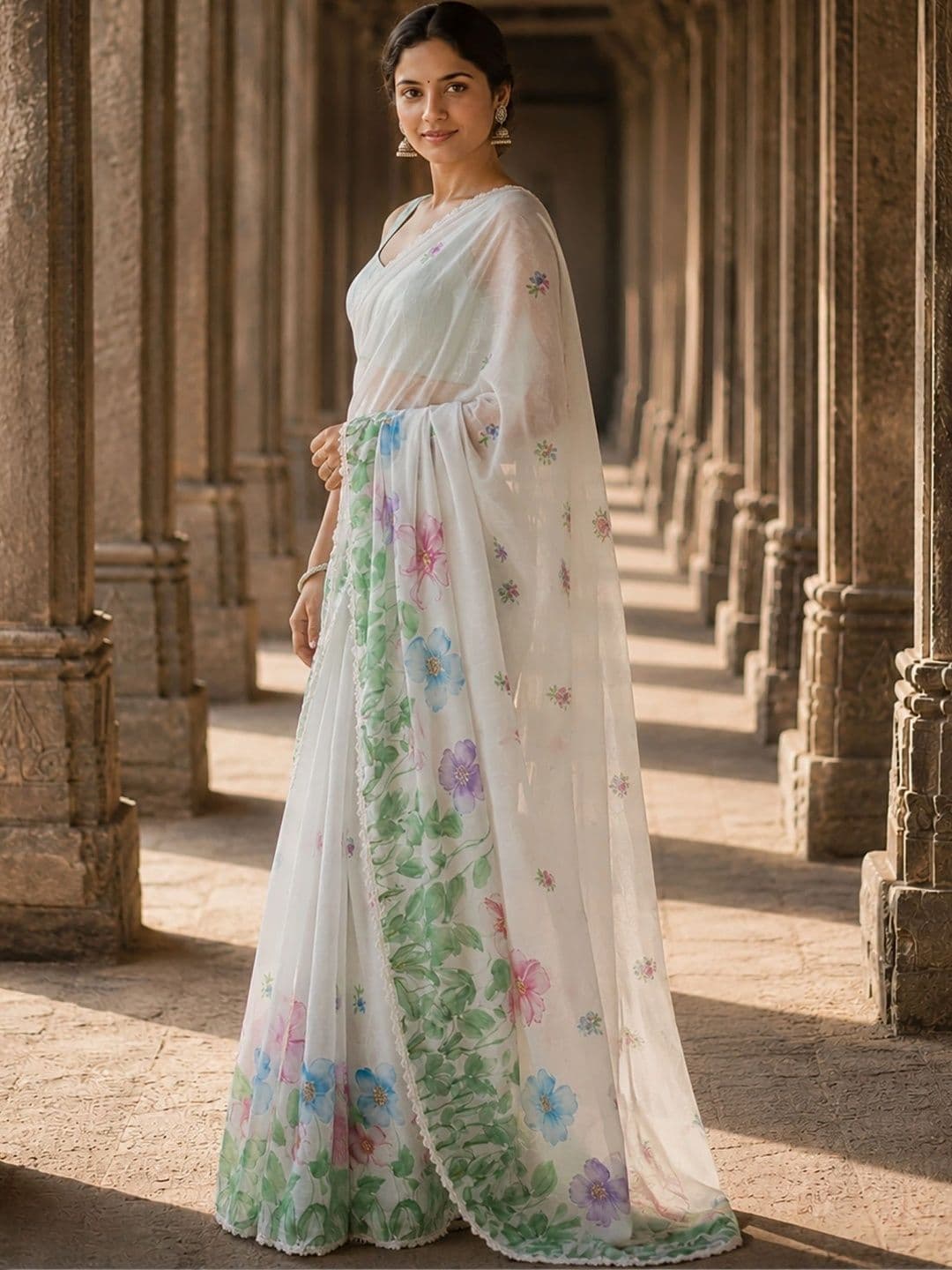 KALINI Floral Linen Blend Designer Block Print Saree thumbnail 3