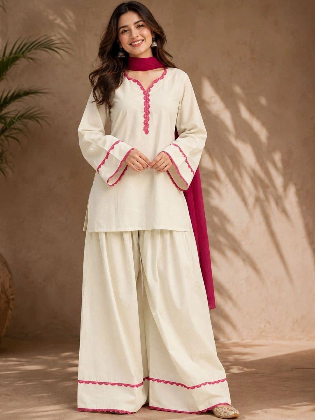 Sangria Women Regular Thread Work Pure Cotton Kurta with Sharara & With Dupatta - view 1