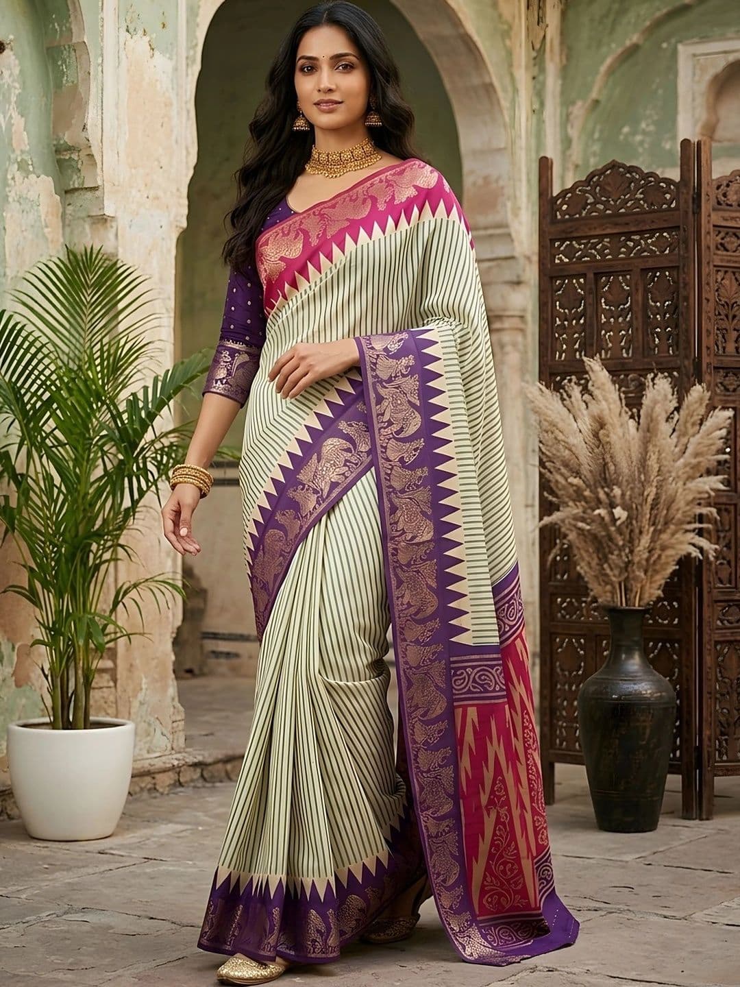 Mitera Striped Zari Silk Blend Designer Saree - view 1