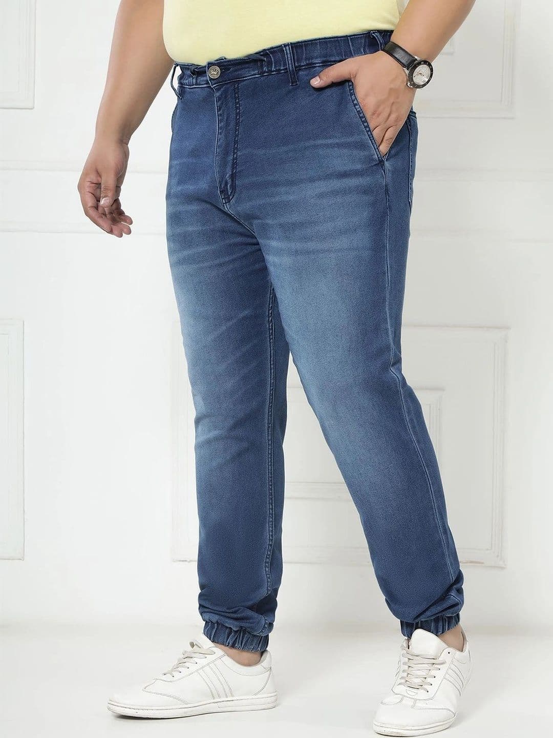 John Pride Plus Size Men Mid-Rise Stretchable Elasticated Waist Light Blue Jogger Jeans thumbnail 3