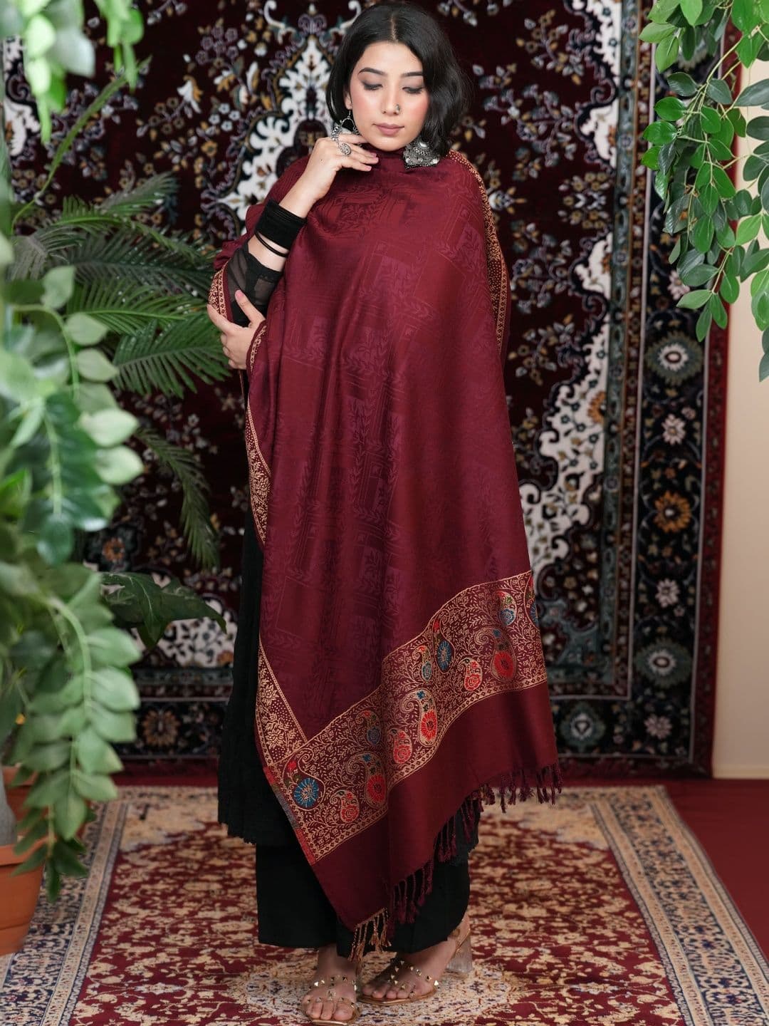 SHIFNEEN Women Ethnic Motifs Woven Design Acrylic Shawl thumbnail 2
