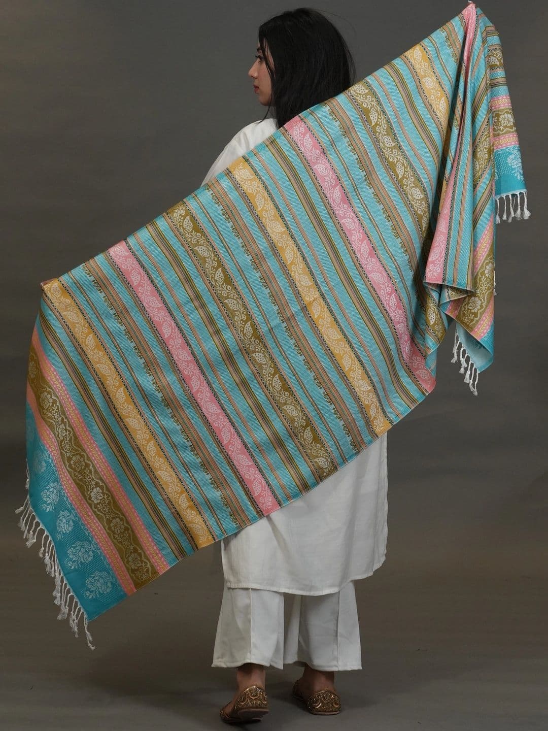 SHIFNEEN Women Striped Woven Design Acrylic Shawl thumbnail 2