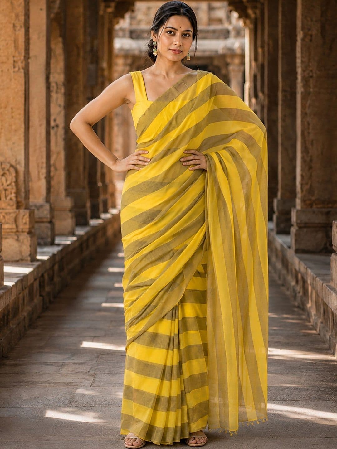 KALINI Striped Linen Blend Designer Block Print Saree thumbnail 3