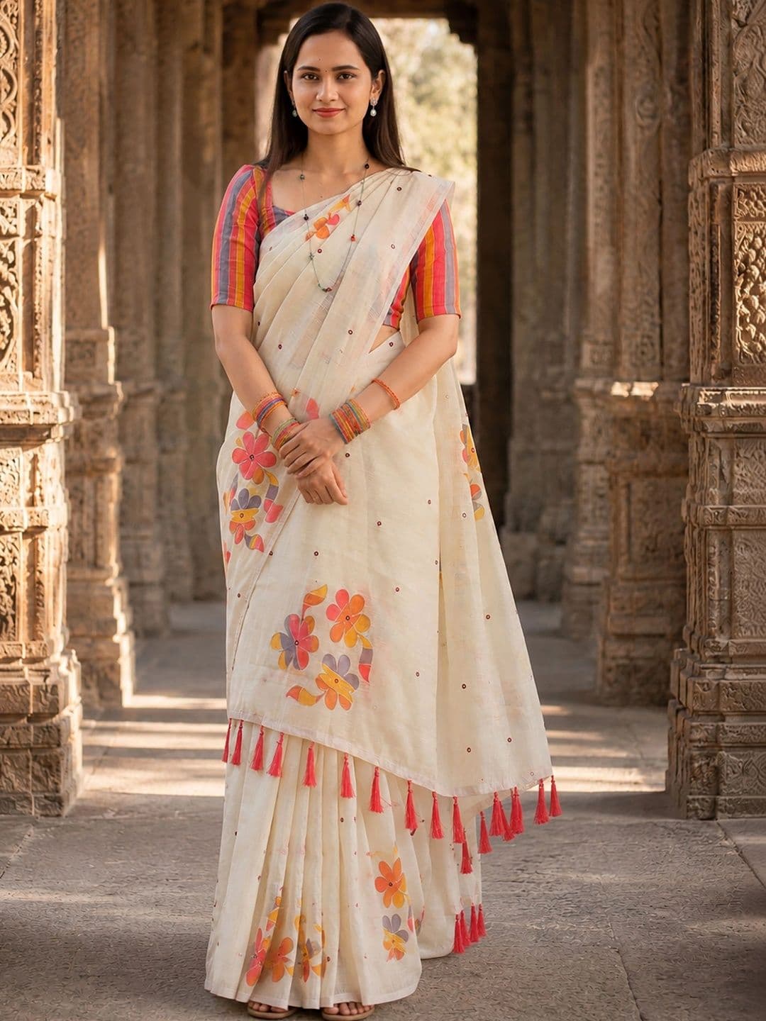 KALINI Linen Blend Designer Block Print Saree - view 1