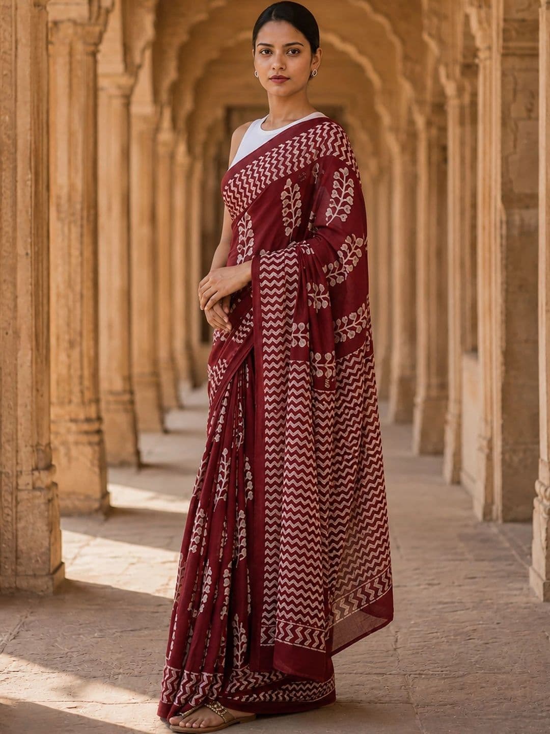 KALINI Floral Linen Blend Designer Block Print Saree thumbnail 3