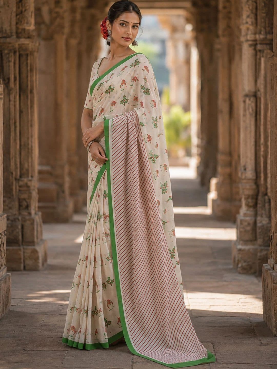 KALINI Floral Linen Blend Designer Block Print Saree thumbnail 4