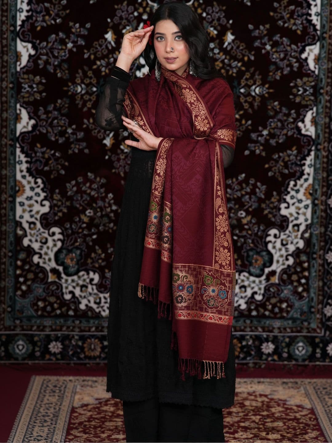 SHIFNEEN Women Ethnic Motifs Woven Design Acrylic Shawl - view 1